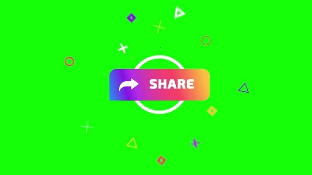 Animated share button on green screen with colorful gradient background