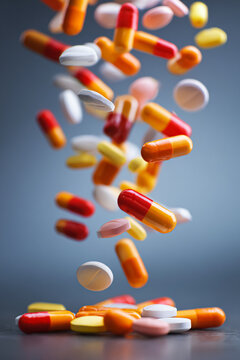 Capsules and tablets falling, representing healthcare, pharmacy, drug treatment, prescription and medicine distribution