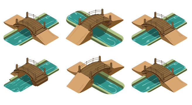 Stream and bridge isometric illustrations, vector graphics of wooden bridges over rivers and streams, suitable for games, urban planning, and nature-themed creative projects.