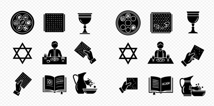 Set of Jewish Passover holiday icons including Seder plate, matzah, kiddush cup, Star of David, and Haggadah book.