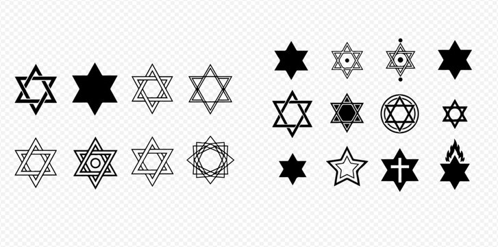 Set of various Star of David symbols, Jewish religious icons, and spiritual design elements on transparent background.