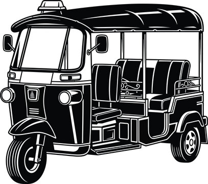 Black and white of a three-wheeled auto rickshaw taxi three-wheeler vehicle