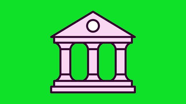 Pink and purple flat vector icon of a classical bank building with pillars 4k stock animation video on a green screen background for chroma key background for video editing.