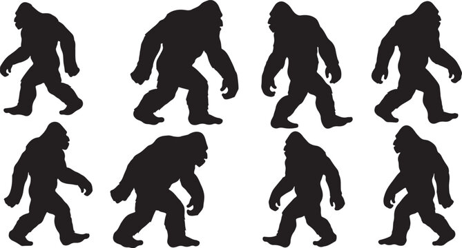 Bigfoot silhouettes walking in various poses and positions side by side