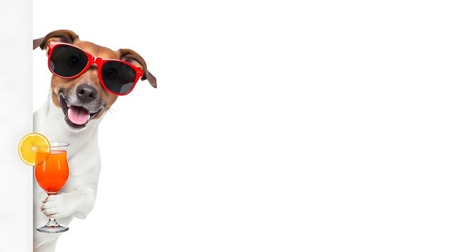 Funny Jack Russell terrier dog wearing red sunglasses, happy pet holding summer cocktail, banner with copy space