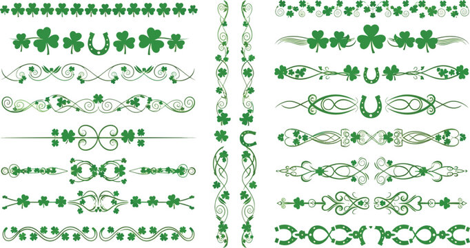 Green shamrock and horseshoe decorative borders and dividers clover