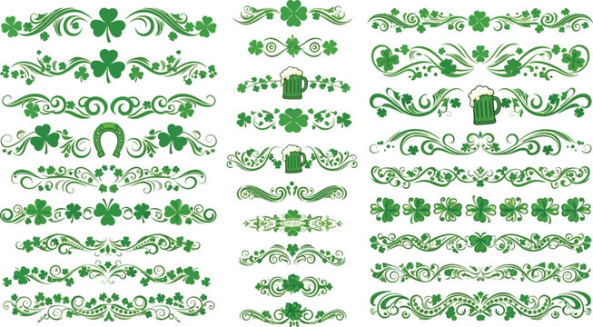 Green shamrock and swirling vine decorative borders and with beer mugs and horseshoe clover lucky ireland