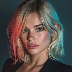 Naklejka premium A close-up portrait of a blonde woman with blue eyes, natural makeup, and subtle red and blue lighting effects on her hair and face.