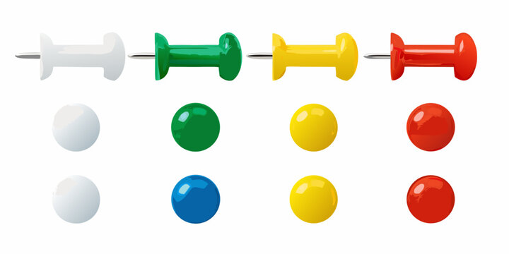 Colorful push pins and their corresponding round heads are displayed