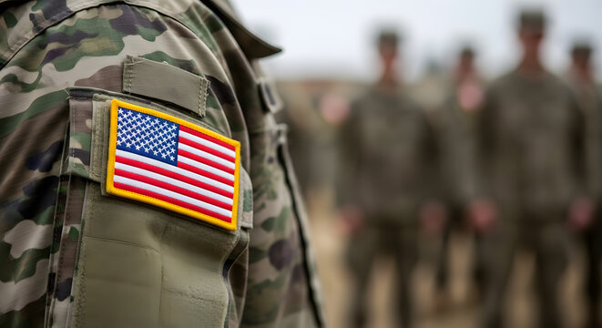 US flag patch on military uniform sleeve | American soldiers in formation close up | United States Army camouflage gear details | Patriotic military service and duty concept