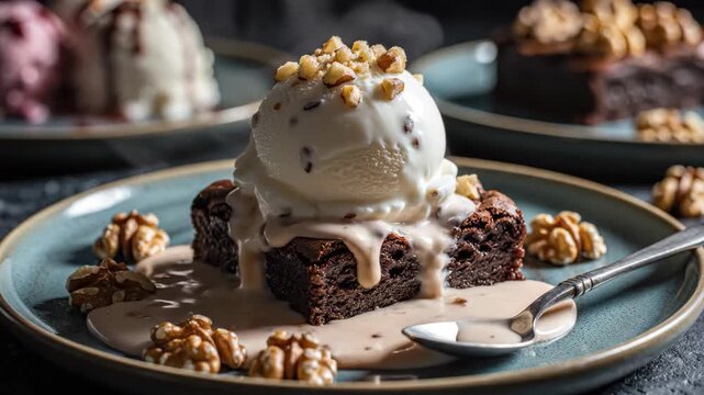 Delicious chocolate brownie topped with vanilla ice cream and walnuts