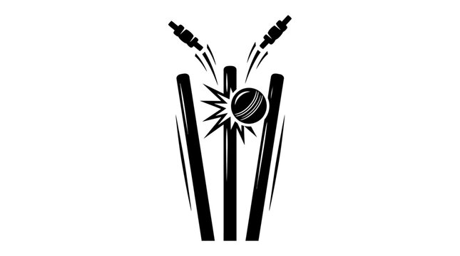 "Cricket Wicket Hit Vector Illustration, Ball Strikes Stumps, Flying Bails, Dynamic Motion Lines, Bold Black Design, Sports Symbol, Artistic Graphic, Game Moment, Athletic Event"