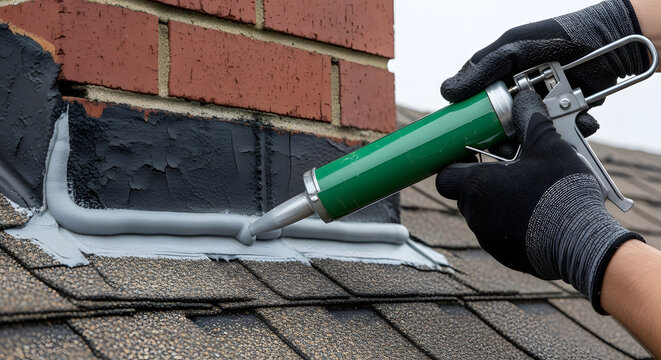 Professional roof repair and chimney leak prevention | Applying waterproof sealant to roof flashing | Home maintenance service for asphalt shingles | Weatherproofing chimney junction
