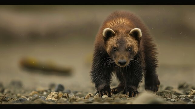 A wolverine walking directly towards the viewer, posing in a natural environment