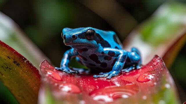 Stunning macro nature shot of an alert blue poison dart frog in rainforest. Vibrant exotic amphibian resting on wet red bromeliad leaf