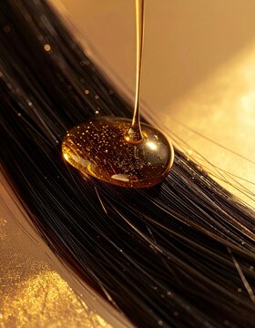 Close-up of golden oil being poured onto shiny black hair strands, highlighting smooth texture and shine.