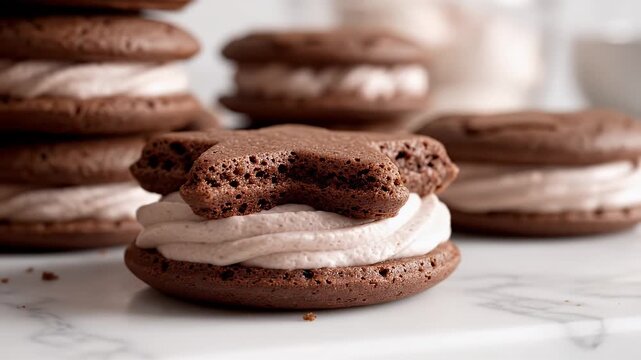 Bitten chocolate star cookie with cream filling on marble