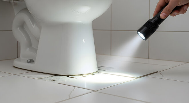 checking for bathroom leaks with flashlight | toilet base repair and inspection | plumbing maintenance services for home | detecting water damage in bathroom floor