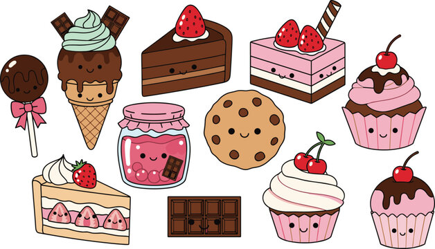 Cute cartoon dessert illustrations with smiling faces including cake, ice cream, cookie, cupcake and sweets symbolizing playful food design