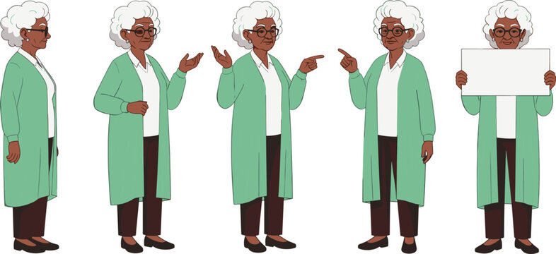 Elderly woman cartoon character in green cardigan with expressive poses, glasses, holding blank sign, pointing, gesturing for education promotion