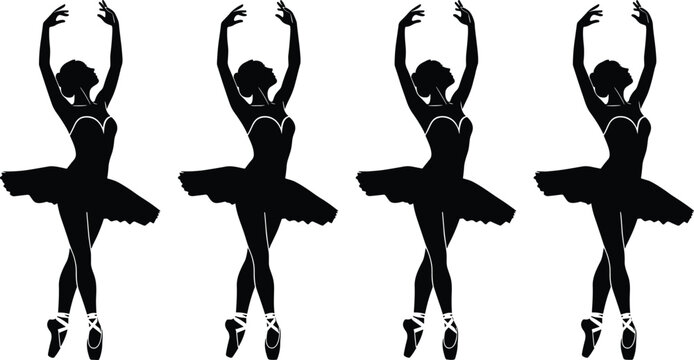 Elegant ballerina silhouettes in classic ballet pose en pointe with raised arms, tutu costumes, graceful dance performance art illustration