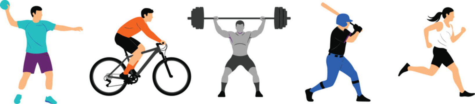 Five cartoon illustrations of athletes performing different sports including handball, cycling, weightlifting, baseball and running for fitness and activity