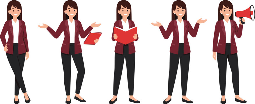 Five cartoon illustrations of professional woman in maroon blazer showing different poses with folder, book, gestures and megaphone communication