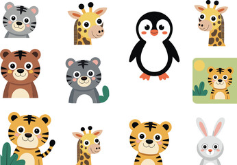 Naklejka premium Cute cartoon animal faces collection with tiger, giraffe, penguin and bunny characters, adorable kids vector illustration set isolated on white background