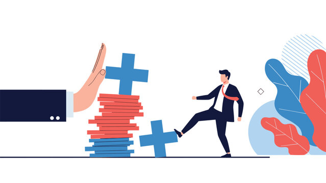 Rebellious businessman kicks over a stack of blue and red coins while a giant corporate hand attempts to restrain his actions.