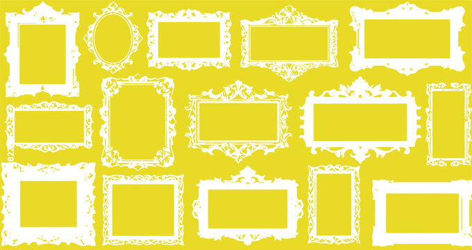 Vintage ornate picture frames collection, 14 white decorative border elements, antique baroque frame set on yellow background, elegant vector silhouettes