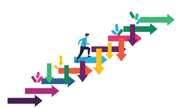 Person climbs a staircase made of colorful arrows pointing in many different directions representing career paths.