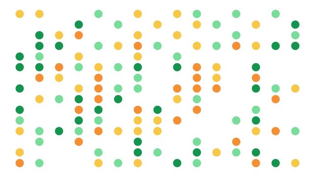Retro game-like green and orange multicolor dots randomly appearing and disappearing on a white background, ideal for abstract animation, vibrant data visualization, and modern design projects.