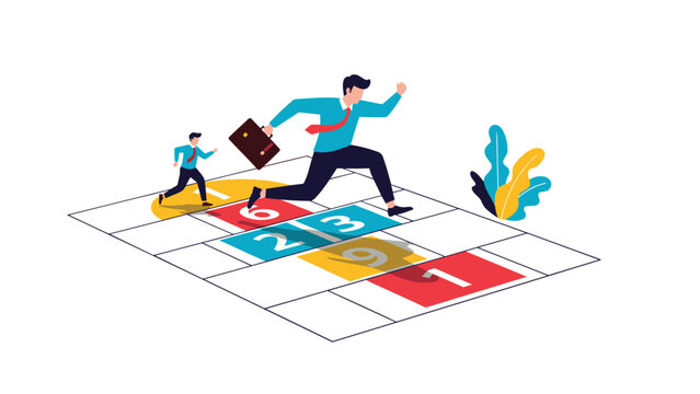 Professional businessman jumping across a numbered hopscotch grid with a briefcase toward a bright goal for career growth.