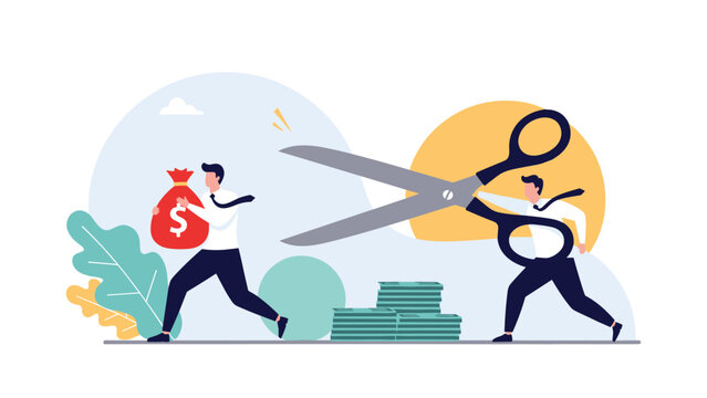 Businessman running with a bag of money while another uses giant scissors to cut costs and expenses in a budget crisis.