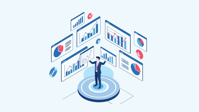 Businessman standing on a glowing platform surrounded by multiple floating digital dashboards and complex data charts.