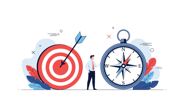 Professional businessman standing between a large target with an arrow and a giant compass to find the right direction.