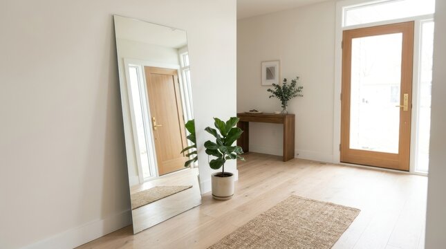 Tall frameless floor mirror leaning elegantly against a wall in a modern, bright home interior with wood floors