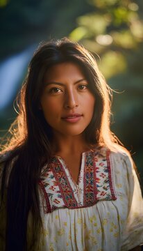 Serene portrait of a South American woman bathed in golden light near Peguche waterfall captures peaceful beauty