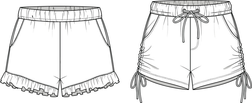 Technical fashion flat sketch of women's summer shorts featuring elastic waist with ruffle hem and drawstring style with side ruching details.