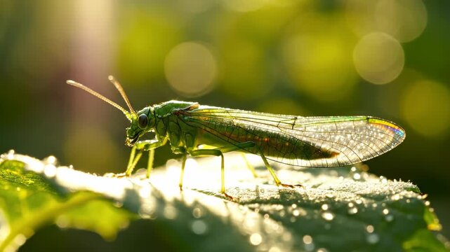 Serene close up macro of delicate green lacewing insect on leaf. Beautiful nature in morning dew with glowing wings in warm sunlight
