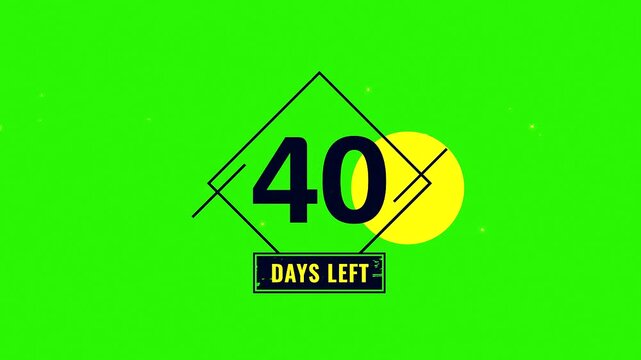 40 Days Left, Number forty in a diamond shape with a rectangle label on a green background with yellow dots
