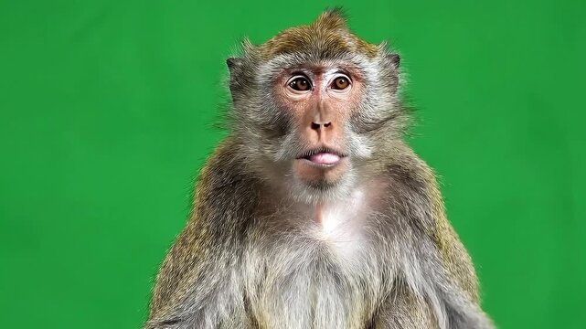 Monkey scratching head on green screen background with curious pose with thinking pose