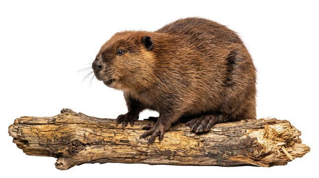 North American beaver sitting on a brown log, profile view, furry rodent, wildlife animal, isolated on white