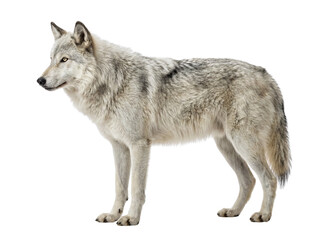 Obraz premium Gray wolf standing sideways, full body profile, wild animal, Canis lupus, isolated on white