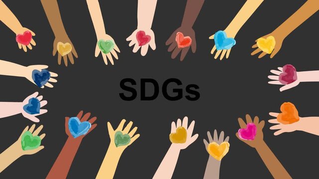 SDGsイメージ17色のハートと世界の人々の手フレームアニメ