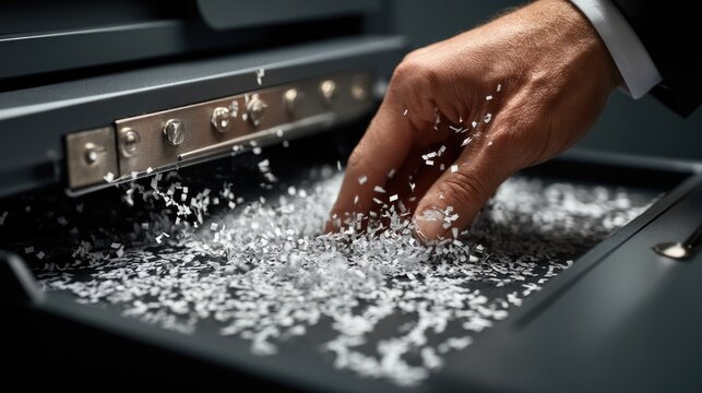 Person shredding confidential paper documents in a machine, data privacy and security action 