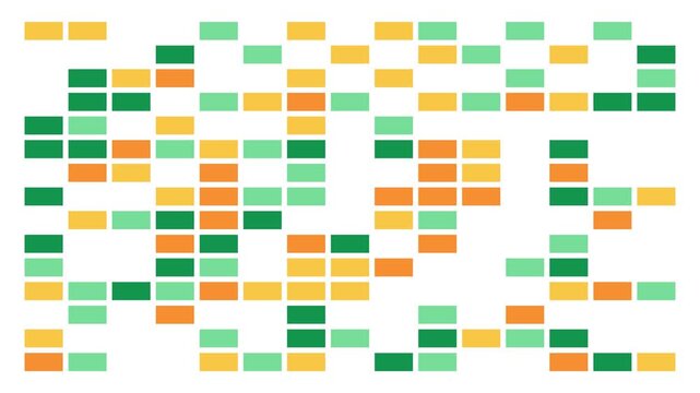 Retro game-like green and orange multicolor blocks randomly appearing and disappearing on a white background, ideal for abstract animation, vibrant data visualization, and modern design projects.