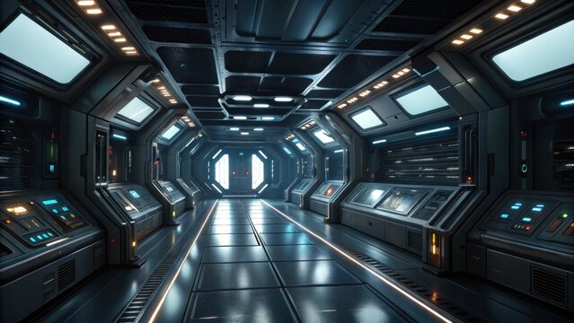 A futuristic, metallic corridor with illuminated panels and high-tech design, resembling a spaceship or advanced sci-fi facility interior.