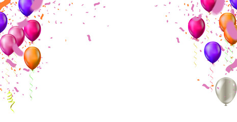 Vibrant celebration background featuring groups of glossy balloons in various colors including purple, magenta, orange, and silver, floating on both sides