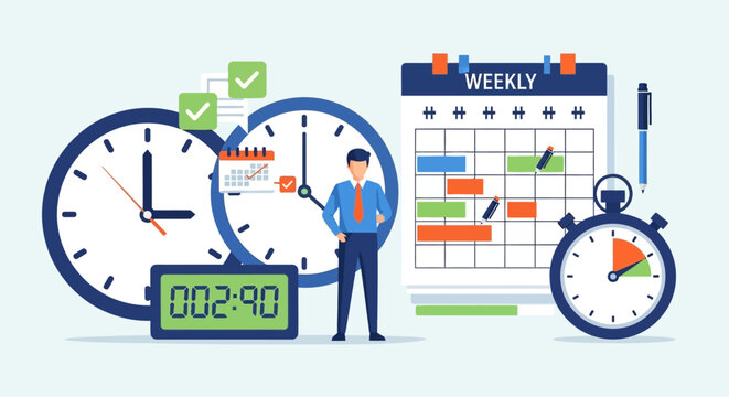Time management, business planning, schedule organization, productivity tools, vector icons